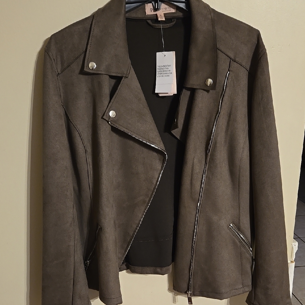 Mushroom Faux Leather Jacket with Asymmetrical Zipper and Wide Collar